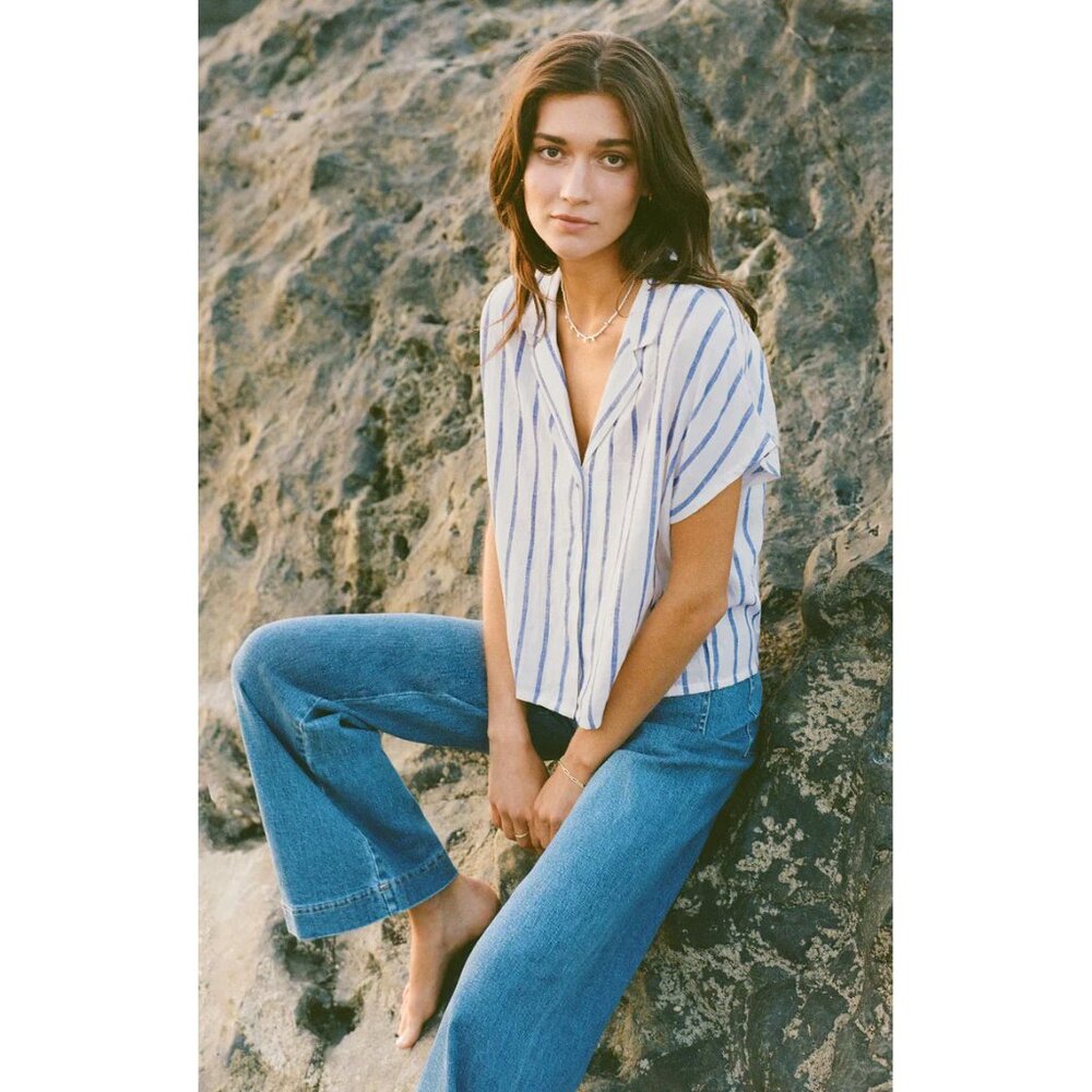 Z Supply Blue & White Striped Cropped Linen Blouse Large